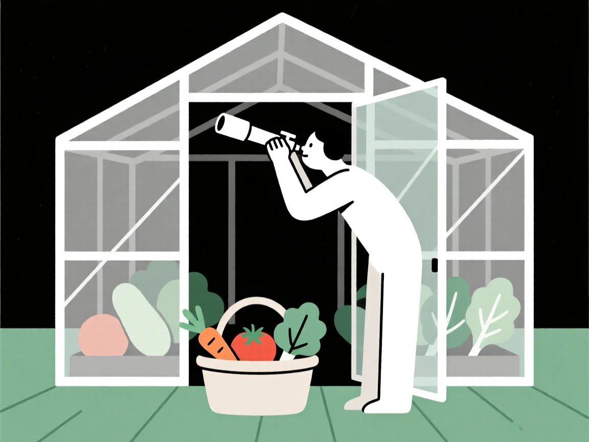 A person stargazing through a telescope in a garden greenhouse, surrounded by a basket of fresh vegetables, showing creative flow.