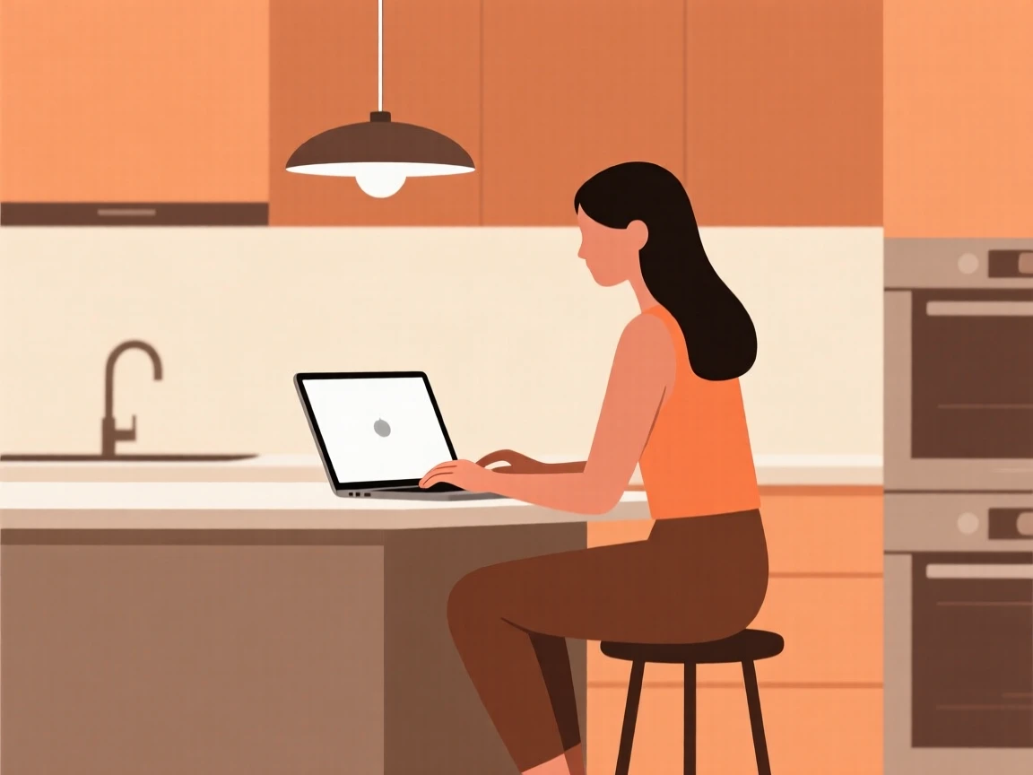 A woman working on a laptop in a modern kitchen setting with warm tones and stylish decor.