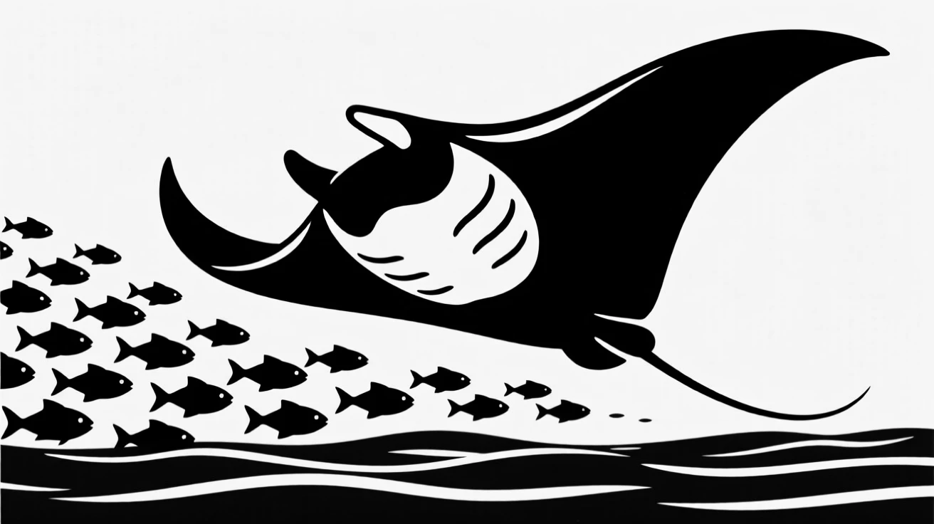 A giant manta ray soaring past a school of fish.