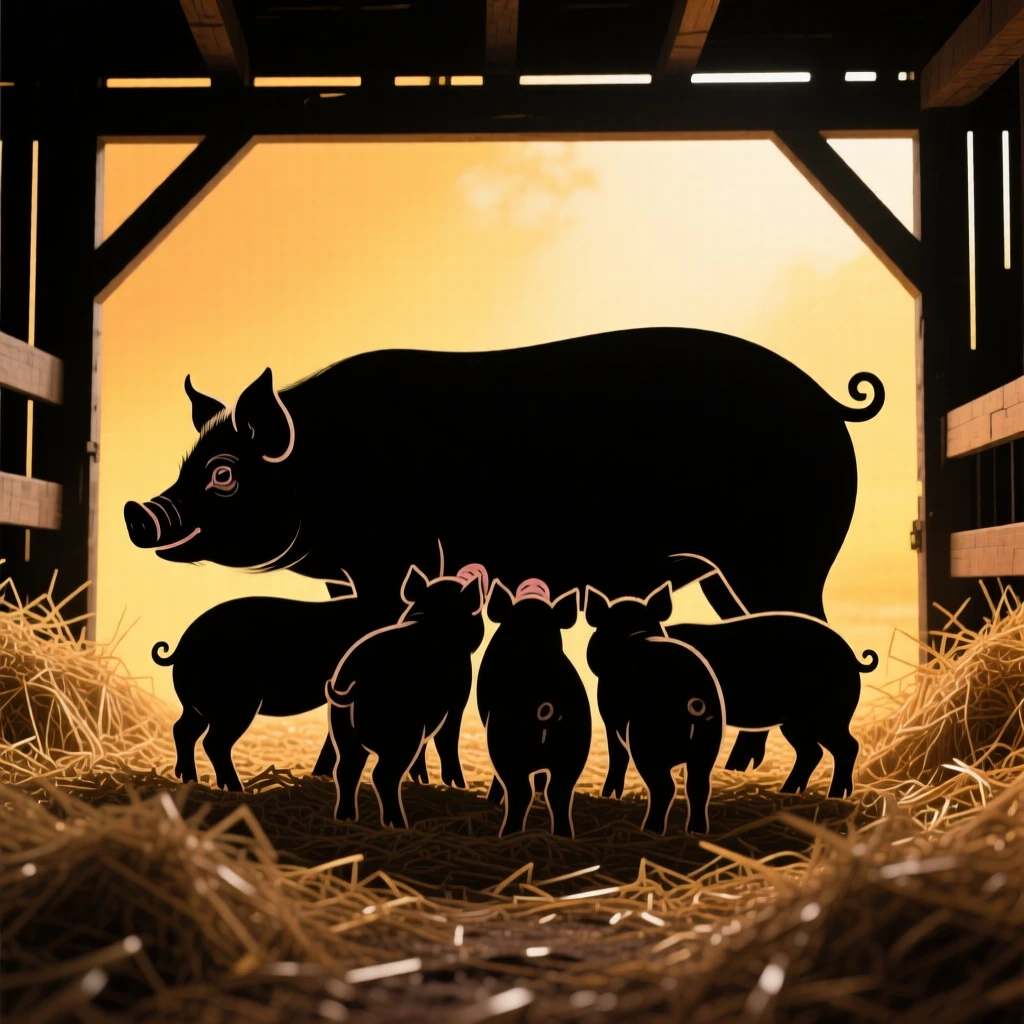 A group of piglets nursing together in a straw-filled barn stall.