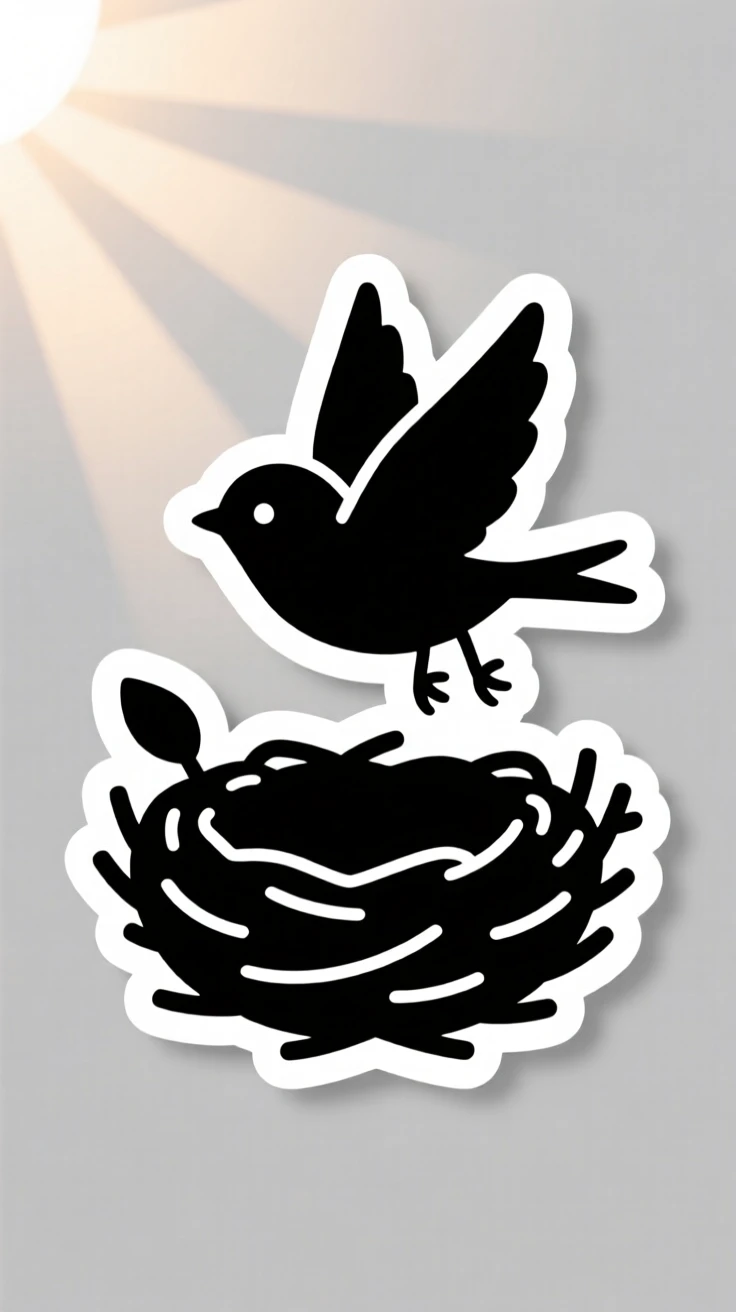 A softly triumphant scene of a tiny bird taking its first flight from the nest, with light breaking gently through the scene, marking the start of something meaningful.