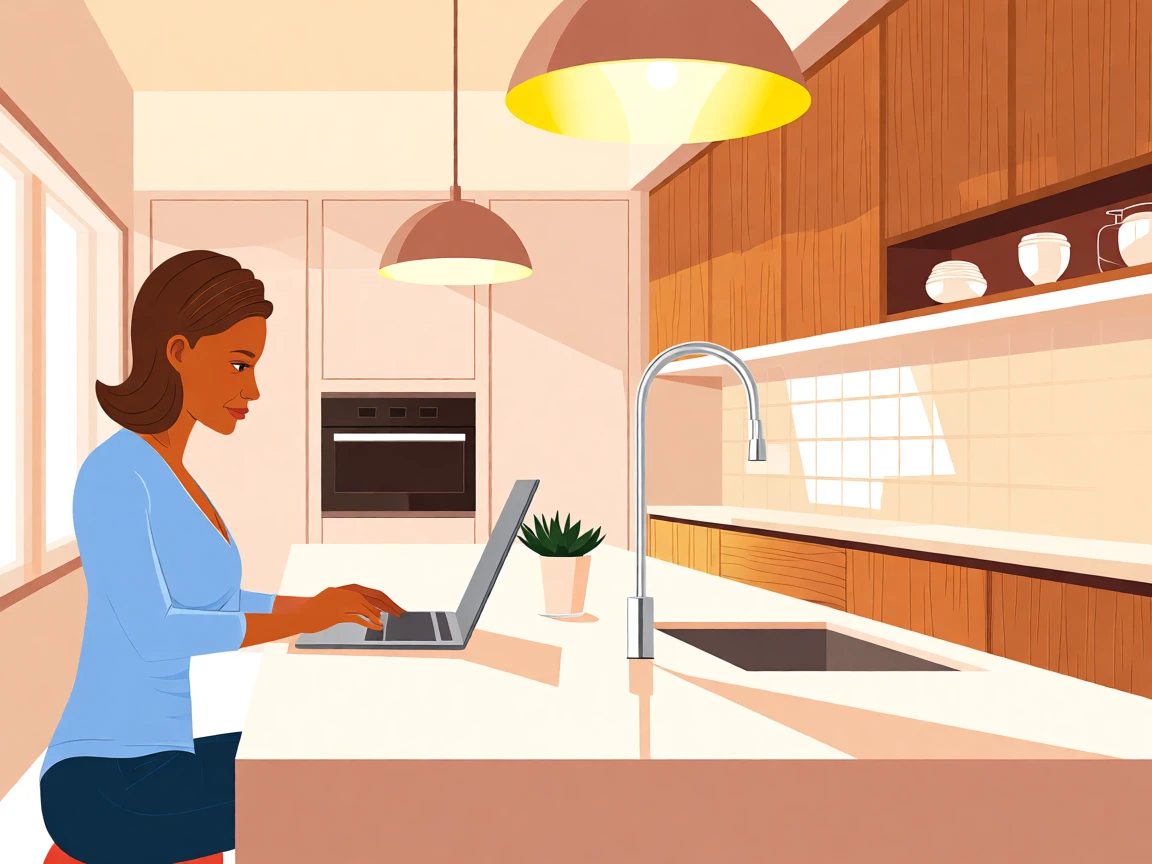 A woman working on a laptop in a modern kitchen setting with warm tones and stylish decor.
