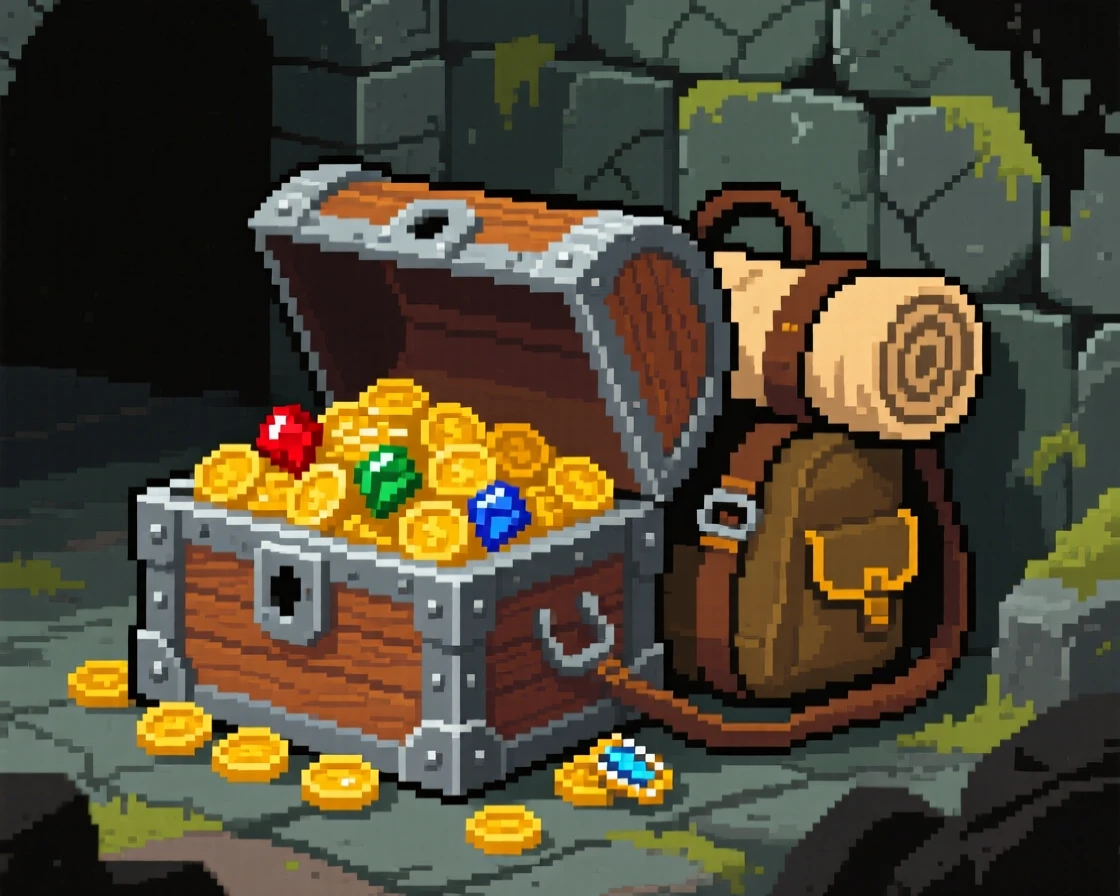 A treasure chest overflowing with gold tucked inside an adventurer's travel bag, within an ancient hidden vault.