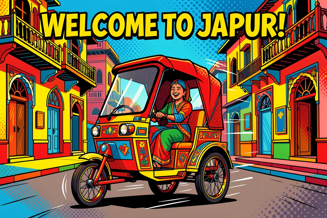 A rickshaw weaving through an elaborate street in Jaipur