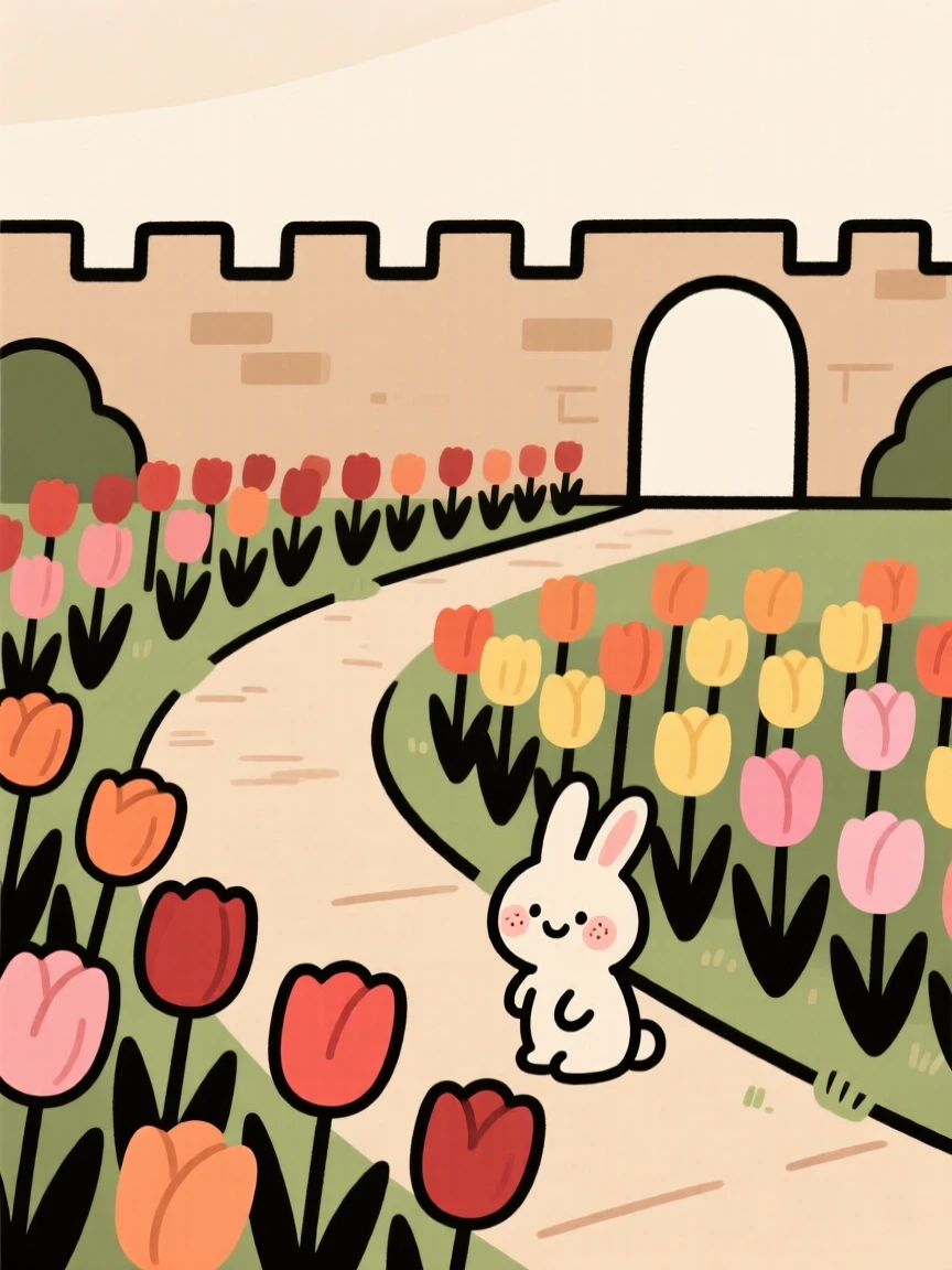 A winding path leads through a walled English garden bursting with tulips in neat rows, where a small rabbit pauses among the blooms.