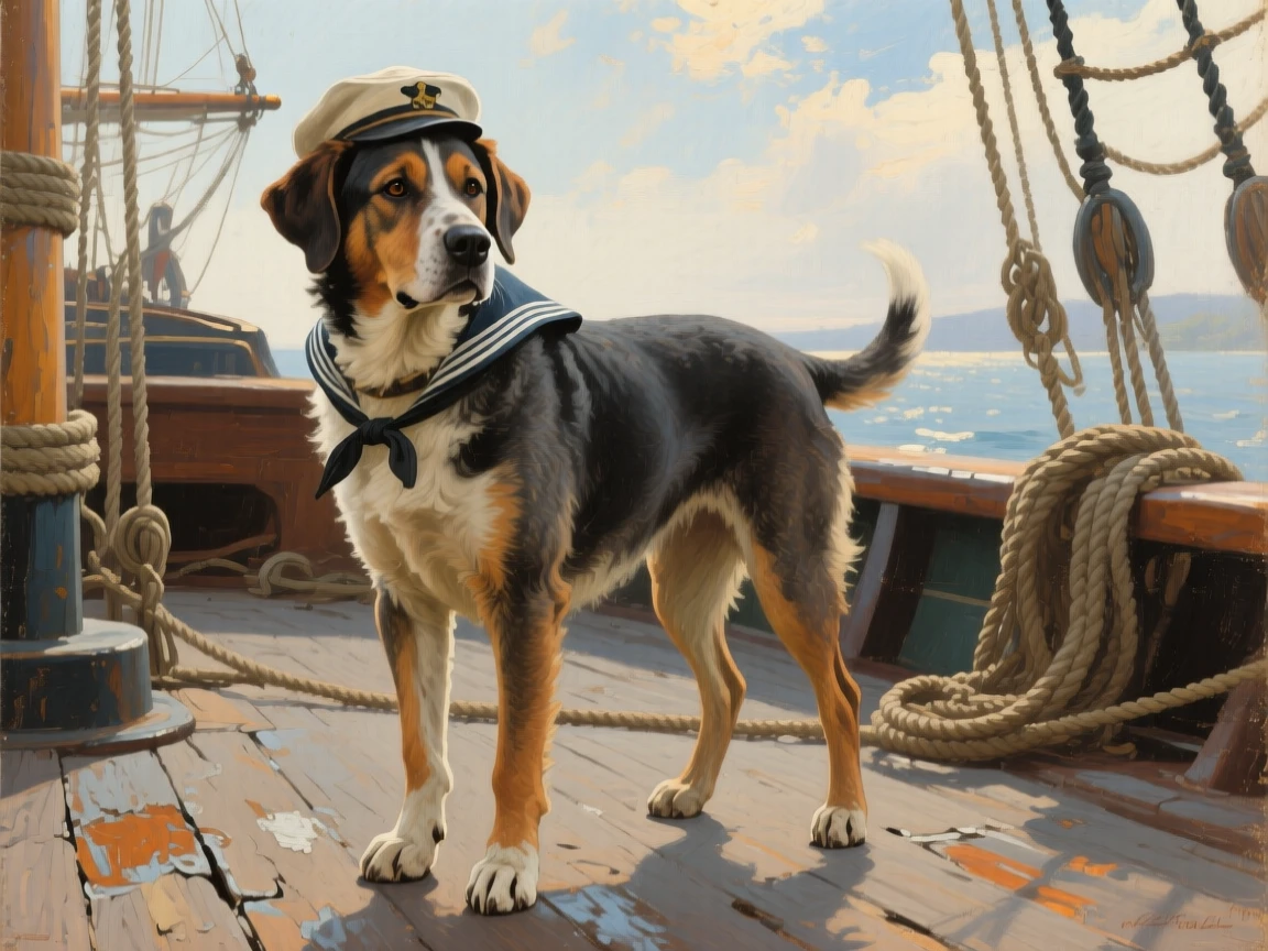 A close-up portrait of a sailor's dog standing watch on the deck of a fishing boat, in the age of sailing ships, at the start of a humid summer.