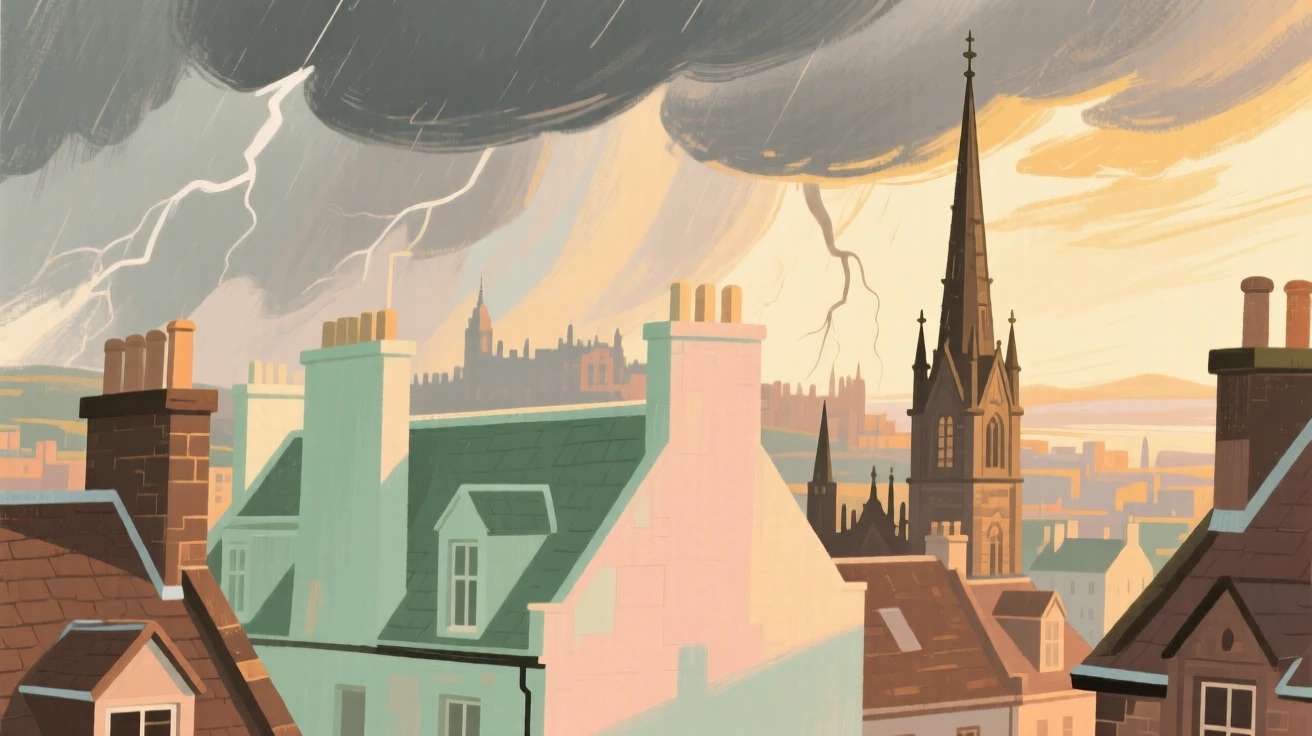 The rooftops and spires of old Edinburgh beneath a stormy sky
