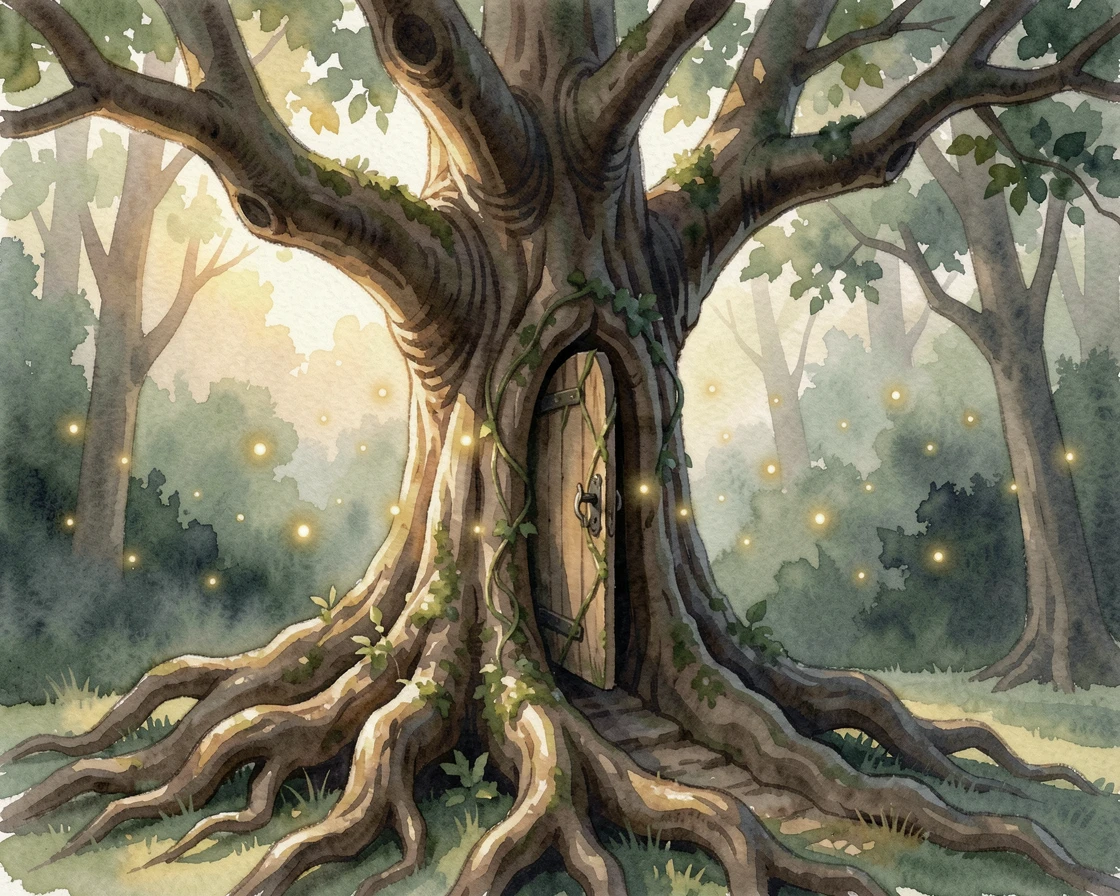 A hidden door in an old tree leading to another world with glowing fireflies drifting through the air.