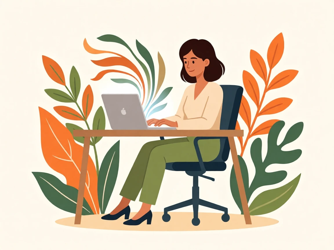 Illustration of a woman working at a desk with a laptop, surrounded by abstract plant designs in warm orange and green tones.