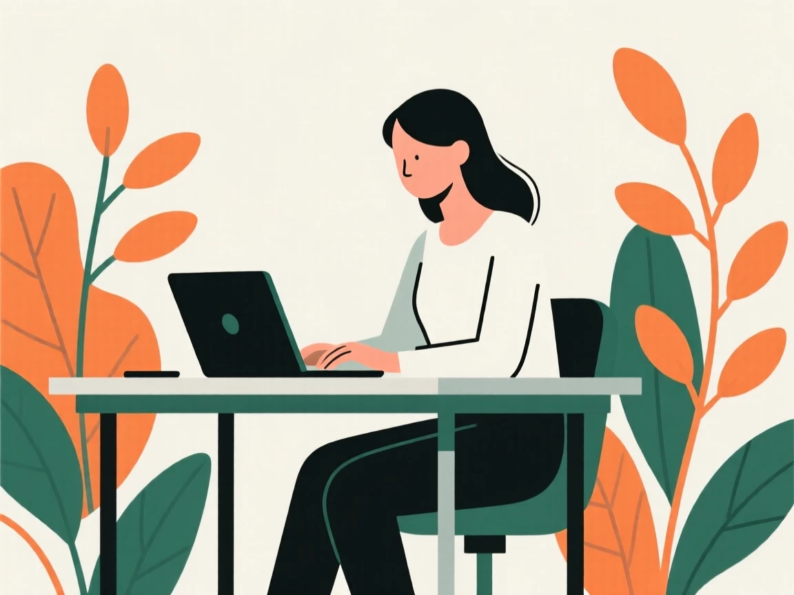 Illustration of a woman working at a desk with a laptop, surrounded by abstract plant designs in warm orange and green tones.