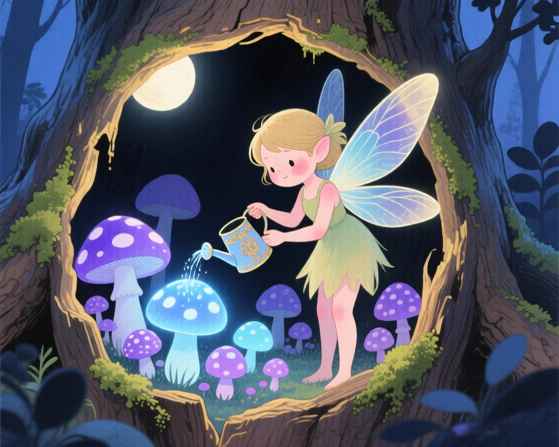 A round-cheeked fairy with dragonfly wings waters a glowing mushroom garden by moonlight in a hollow tree stump