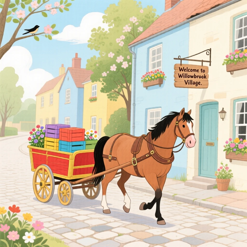 A horse-drawn cart rolling through a quiet village, peaceful and full of gentle motion.