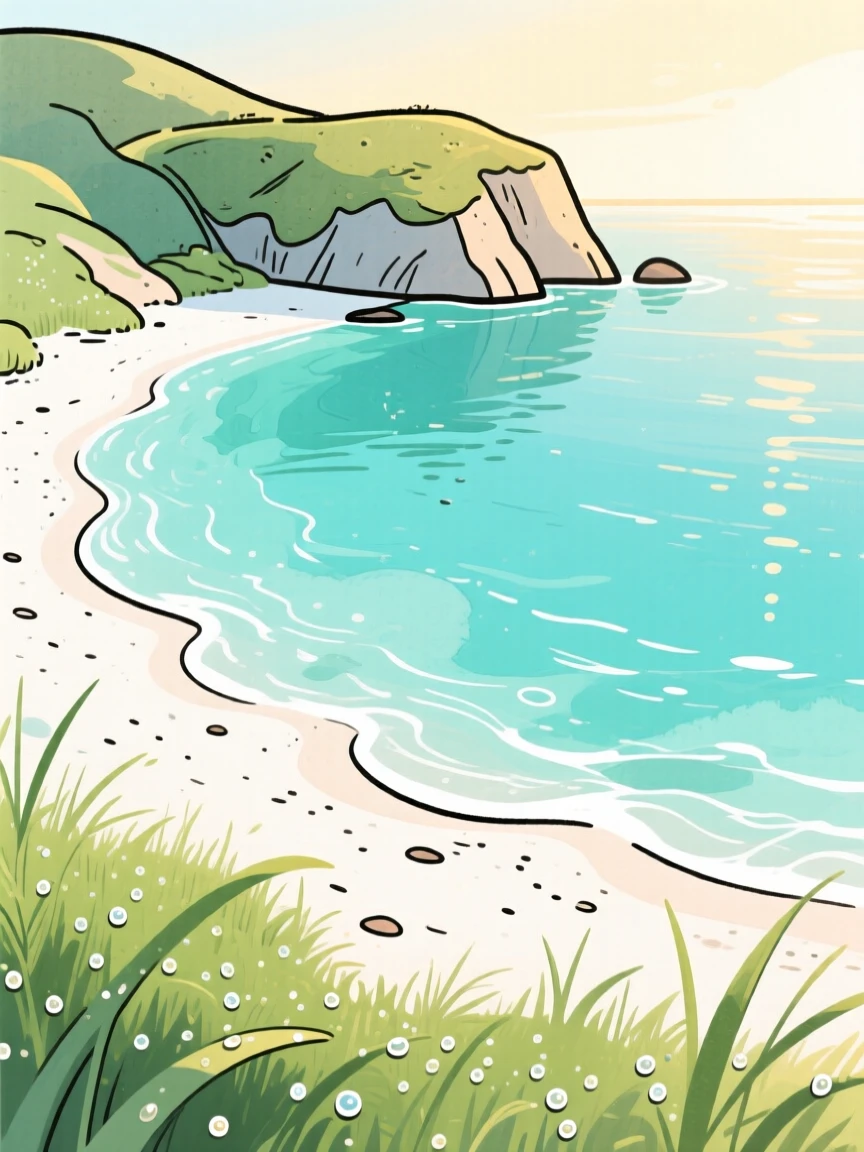 A secluded cove with turquoise water and white sand, with morning dew glistening on the grass, filled with quiet majesty and stillness.