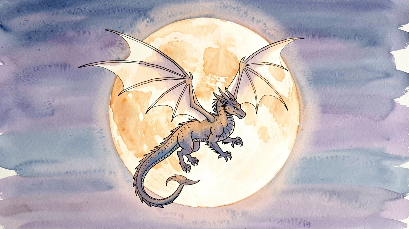 A dragon's silhouette crossing in front of a massive harvest moon, a soft magical glow illuminating the entire scene.