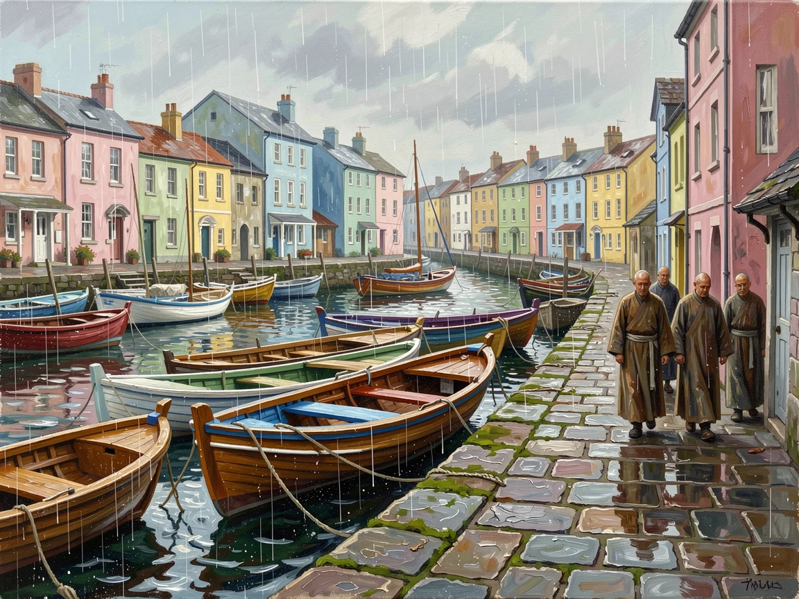 Beside a bustling harbor filled with colorful boats, a network of canals lined with pastel-colored houses, monks walking quietly along an ancient stone path, during a light rain, colors deepening across wet stone.