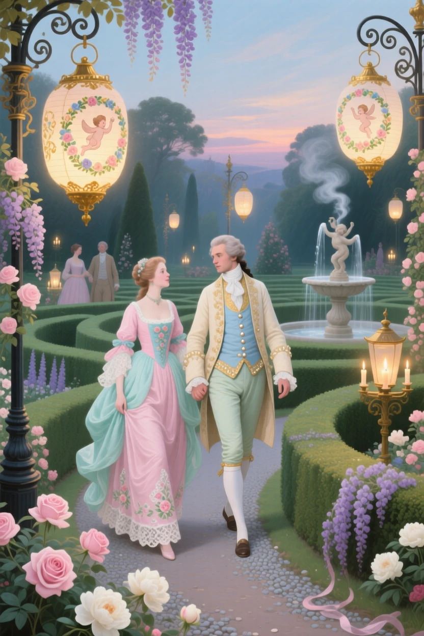 A lantern festival in a garden maze with couples wandering hand in hand  