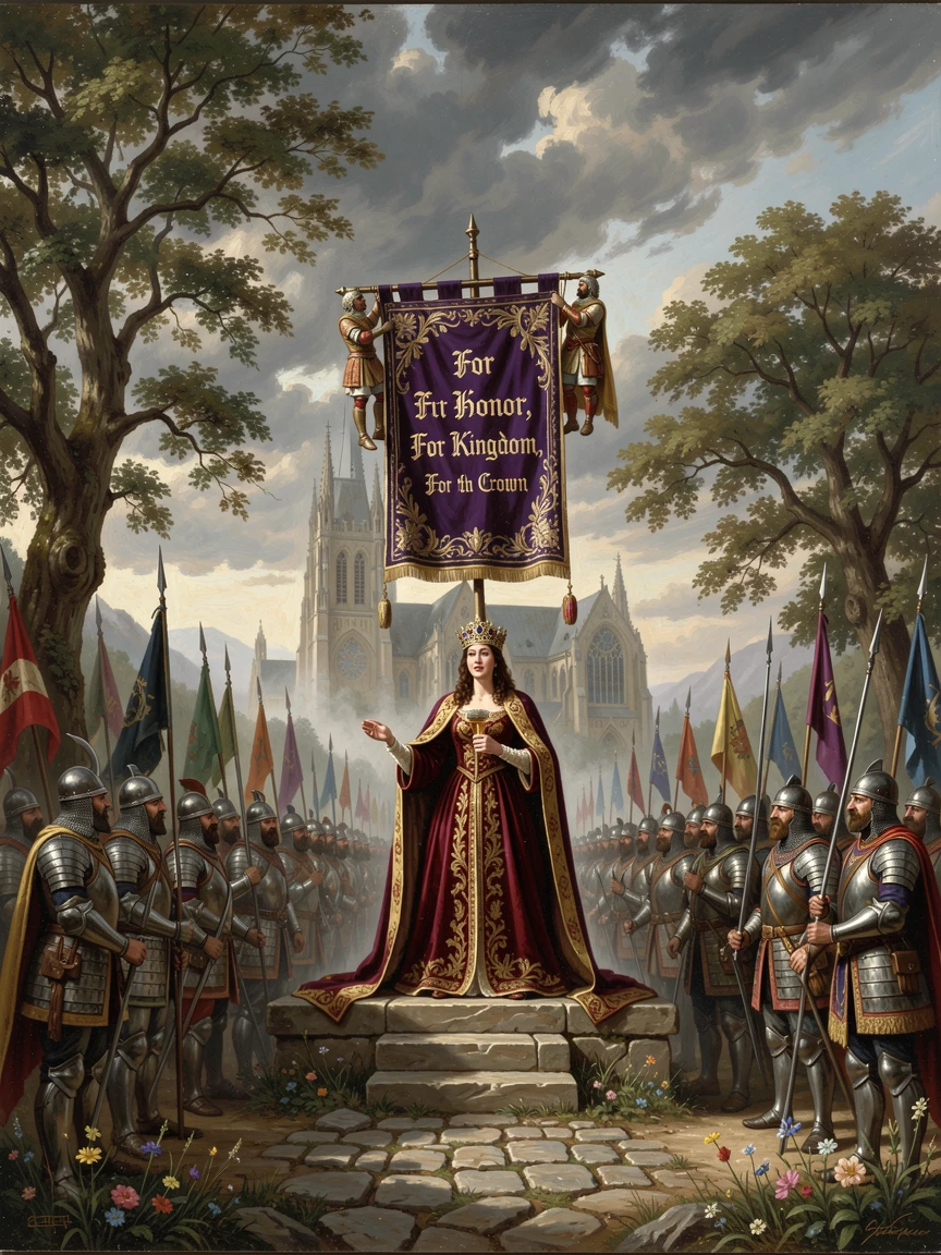 A queen addresses his troops before a grand coronation ceremony beneath a banner held high.