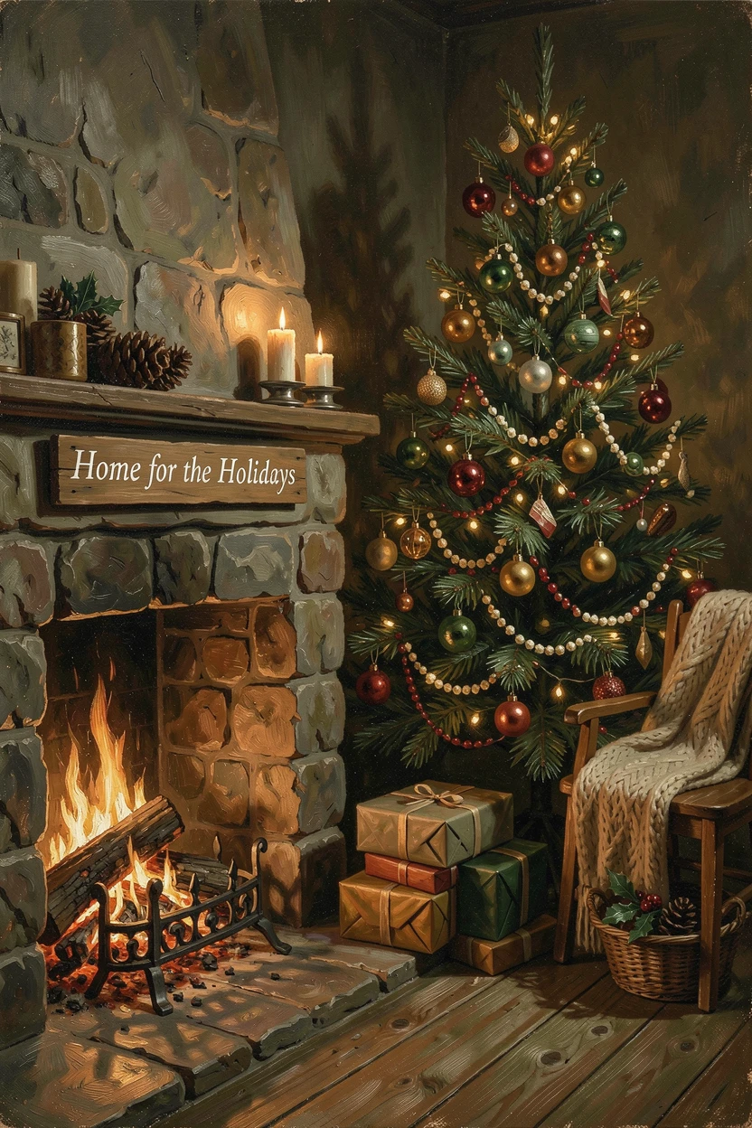 A beautifully decorated Christmas tree glowing beside a crackling fireplace, with cozy, festive details adding charm to the setting, evoking cherished holiday memories and nostalgic feeling