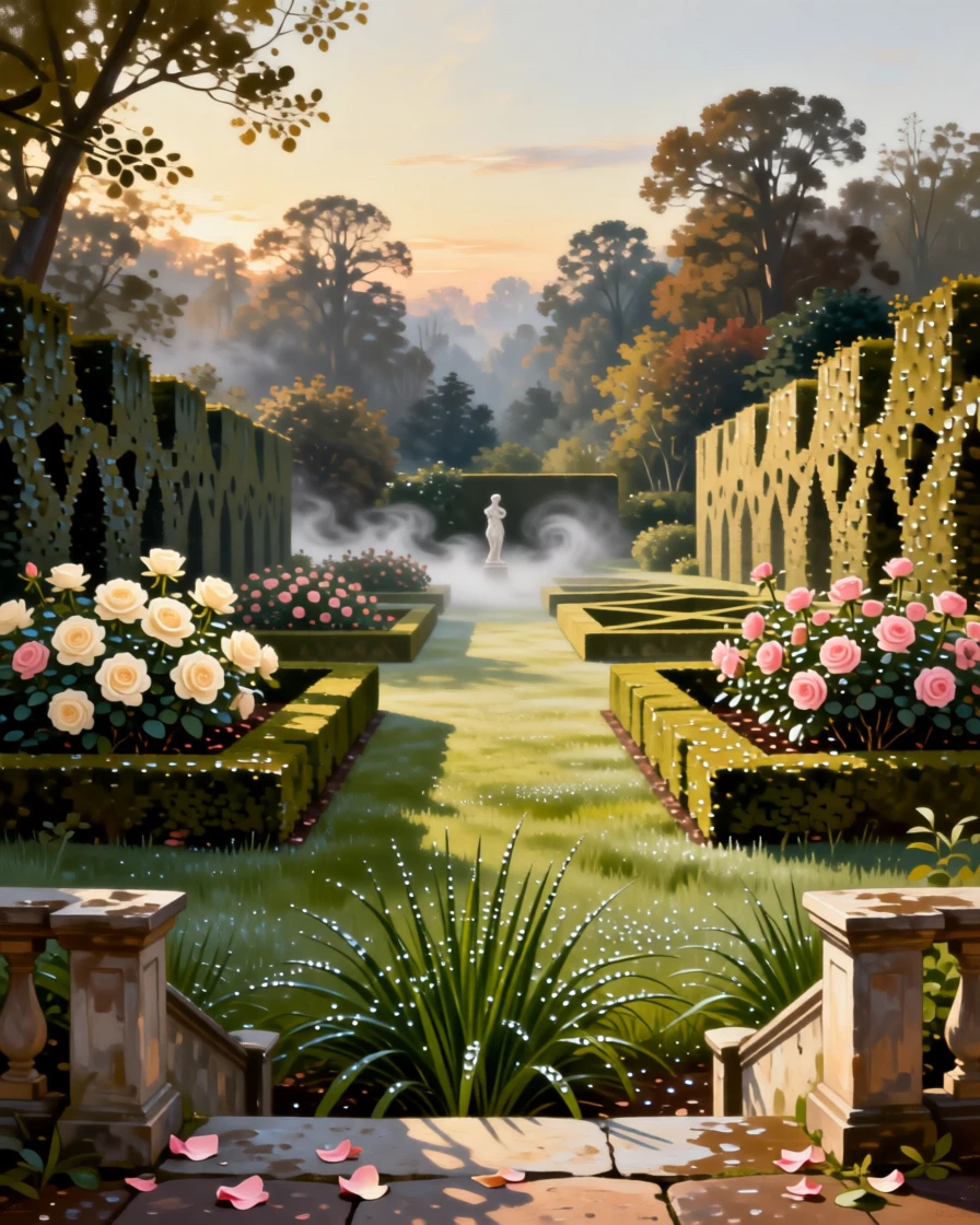 A formal palace garden with symmetrical hedges and blooming rose beds holding the hush of early morning before the world awakens, set at the edge where cultivated land meets wild nature, with mist curling low along the ground in the cool morning air; foreground detail frames a sweeping, luminous background, evoking peace, wonder, and quiet renewal.