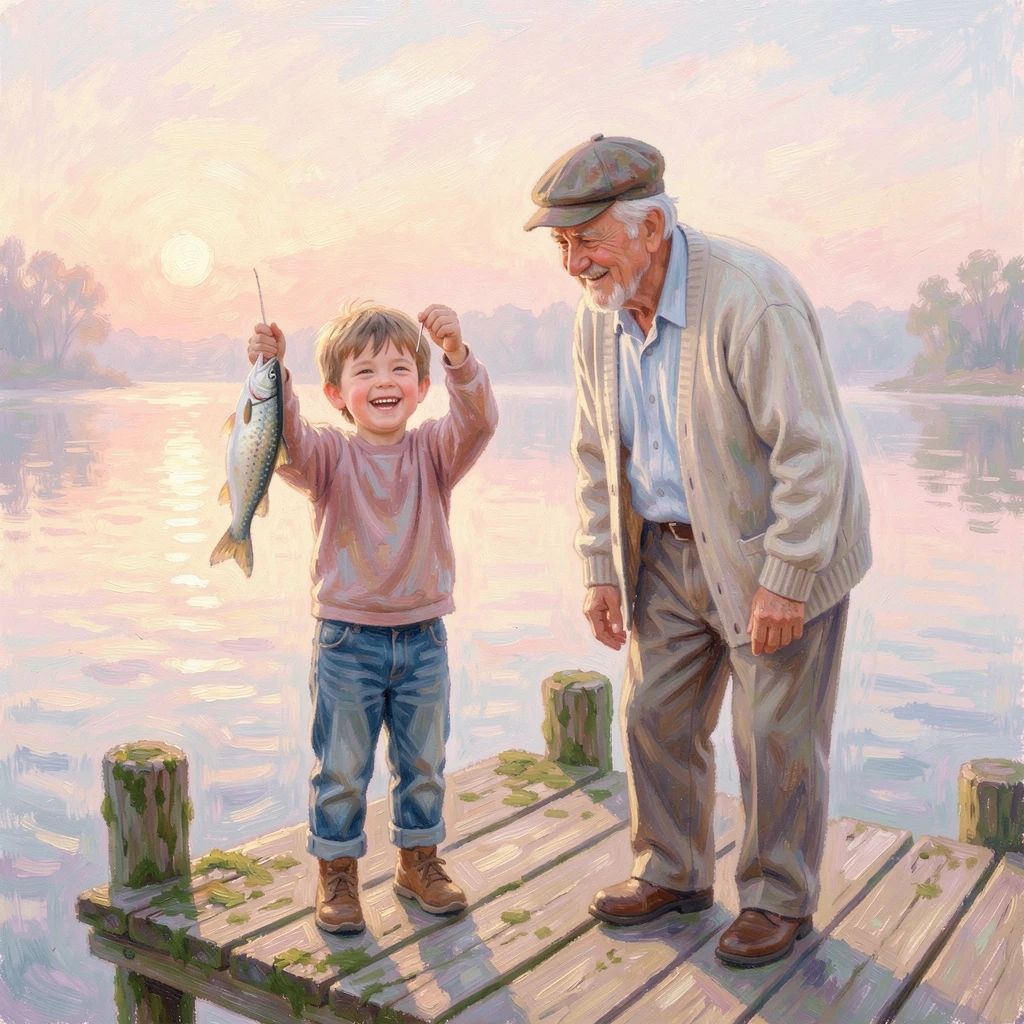 A young boy proudly holding up a fish he caught, grinning beside his grandfather on a quiet dock, as the first light of dawn breaks, capturing a fleeting moment of pure happiness.