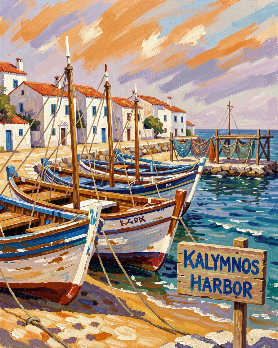 Traditional wooden fishing boats lined up along the shore of a Greek island harbor.