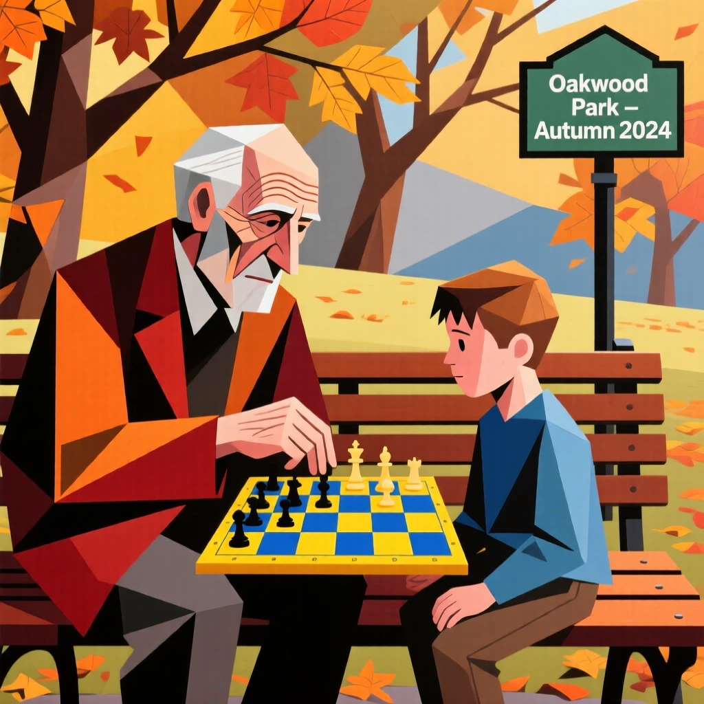 An elderly man playing chess with his grandson on a park bench in autumn.