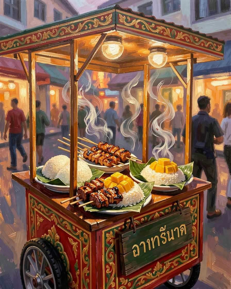 A colorful Thai street food cart displays skewers of grilled meat and fresh mango sticky rice, steam rising into the warm evening air, the composition inviting the viewer to imagine the aroma and flavor of the moment.