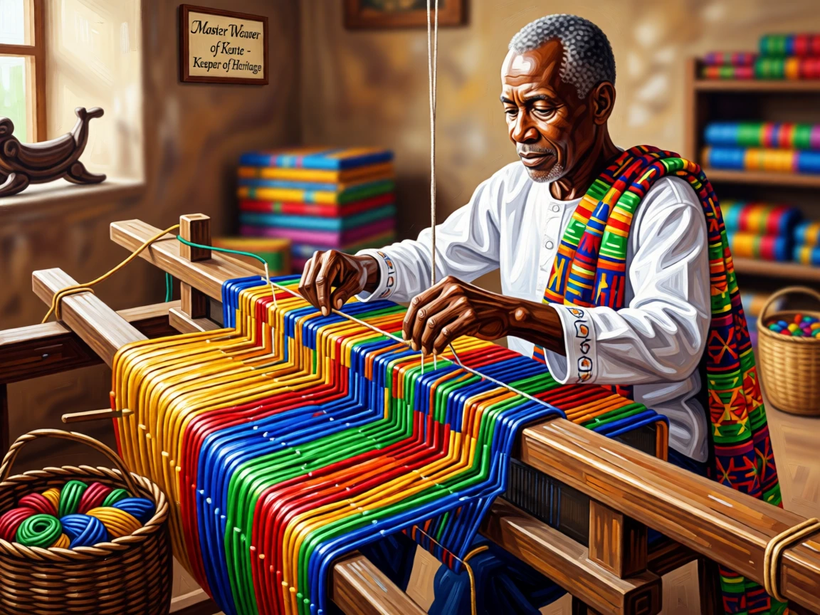 A Ghanaian kente weaver working brilliant threads on a traditional loom