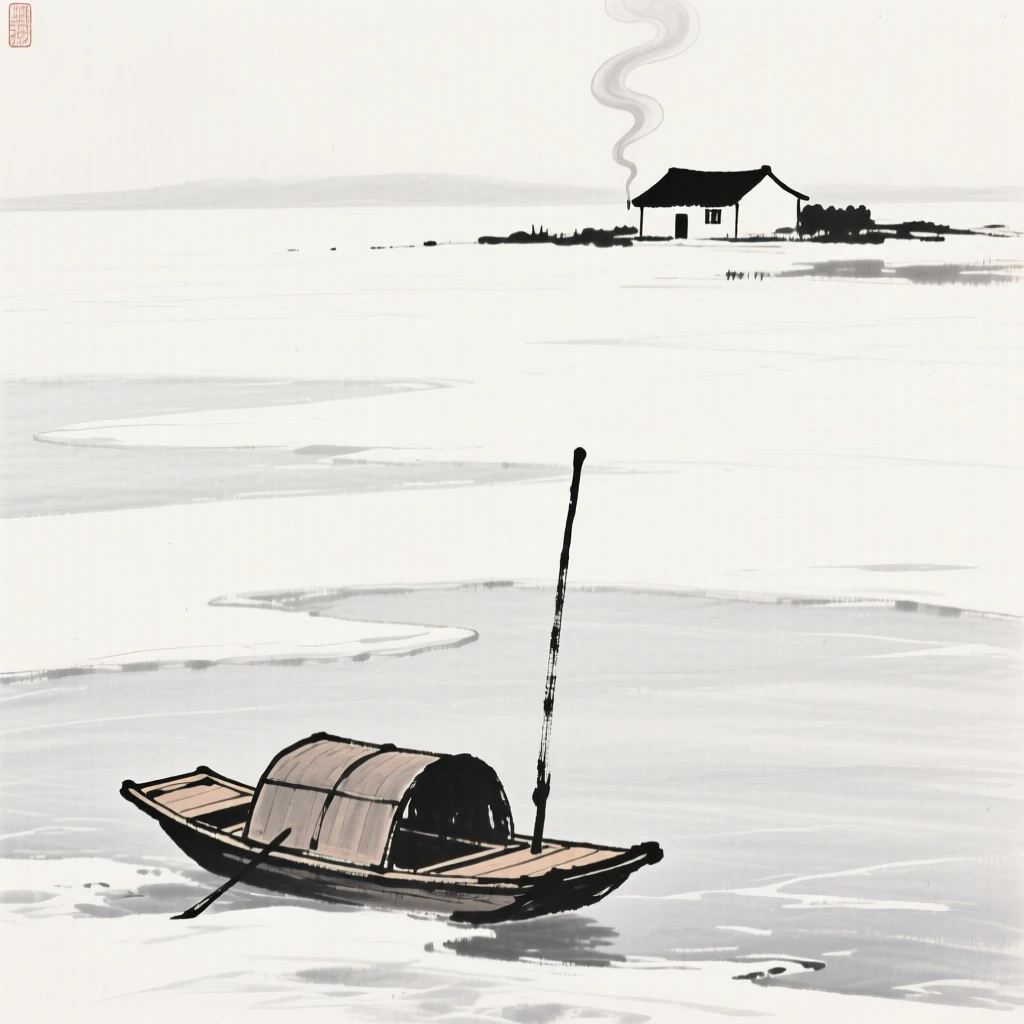 A small boat sits frozen in place at the edge of an ice-covered lake, as smoke curls upward from a distant farmhouse.