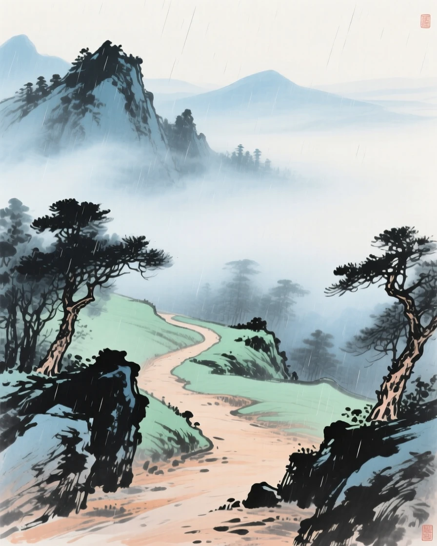 An empty mountain path disappearing into drifting fog, through swirling morning fog, as summer rain begins to fall.