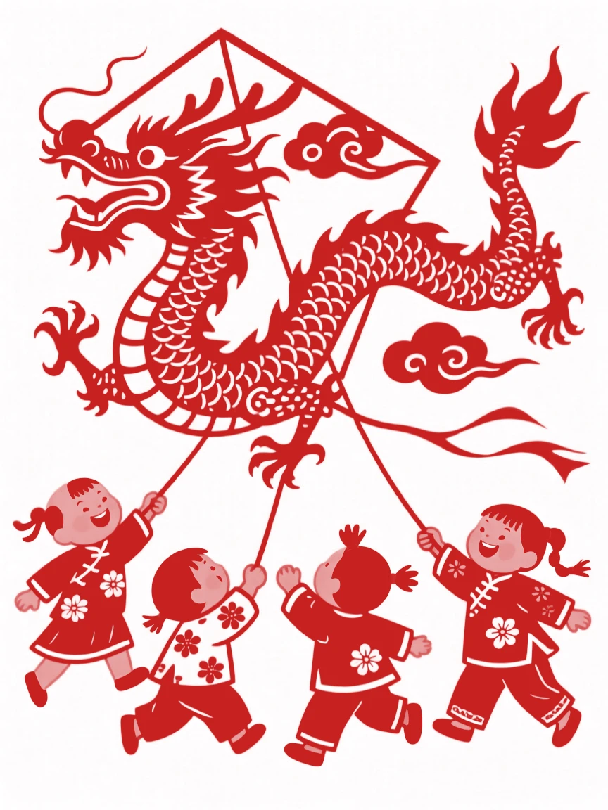 A group of children flying a dragon-shaped kite together, all pulling the string with joyful effort
