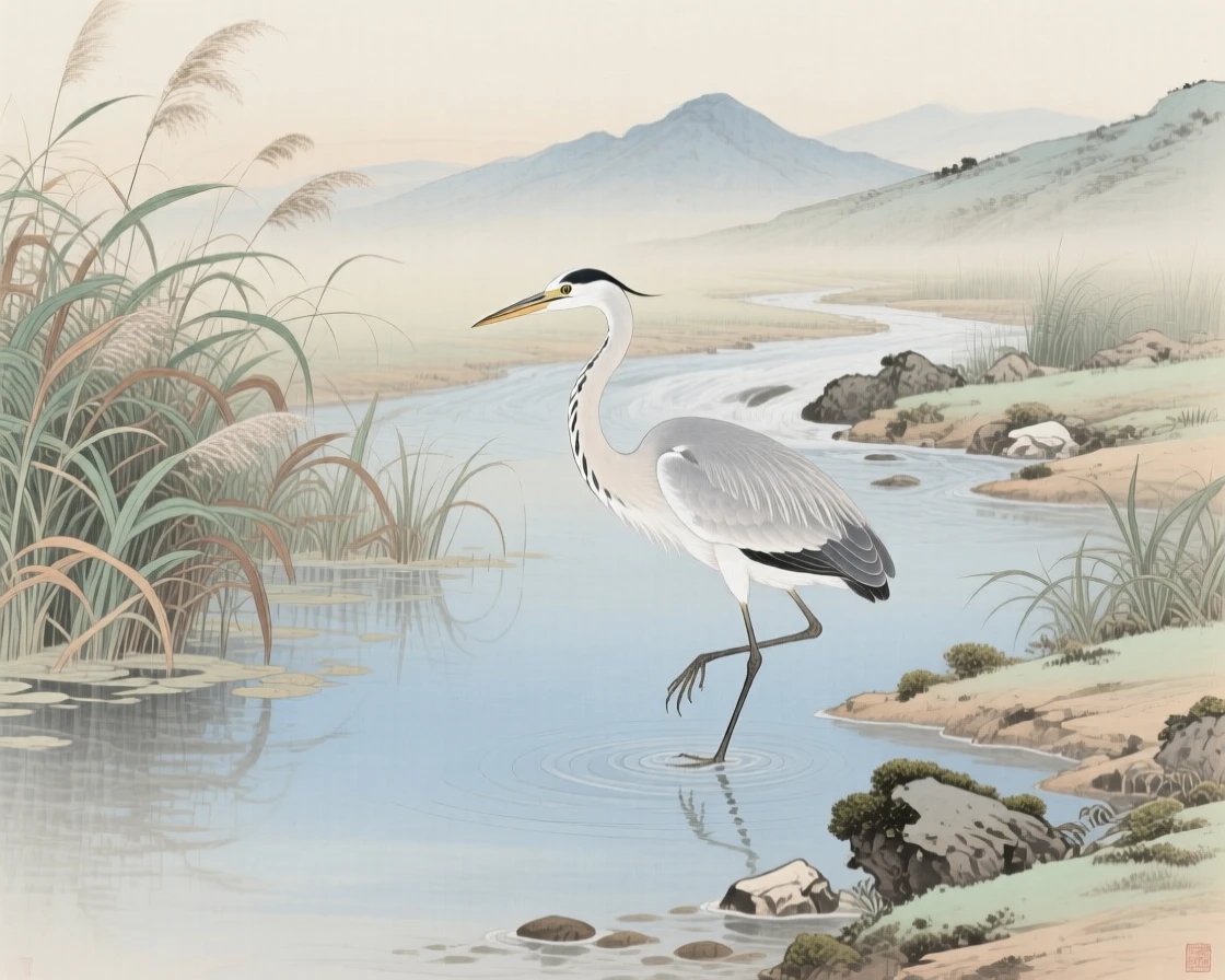 A heron fishing at the edge of a marsh near the mouth of a quiet mountain stream