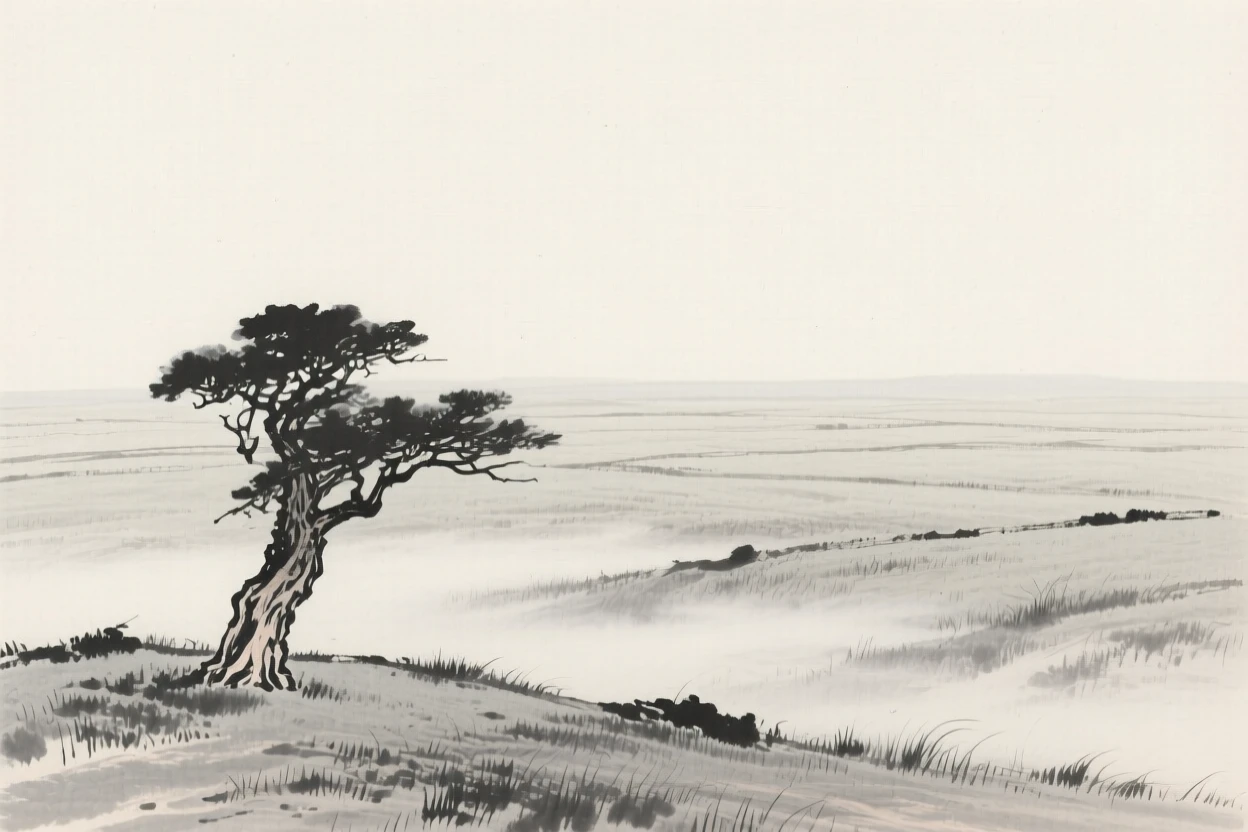 A vast open plain with a single ancient tree standing alone as thin mist rolls slowly through the lower valley, composed with wide open space above to emphasize the scale of the sky, capturing a fleeting, serene moment suspended in time.
