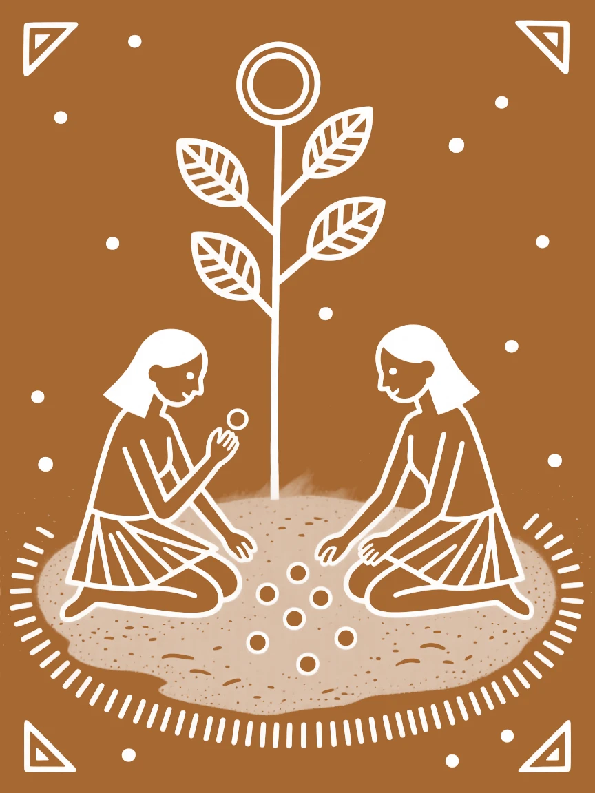 Twin sisters playing marbles in the dust.