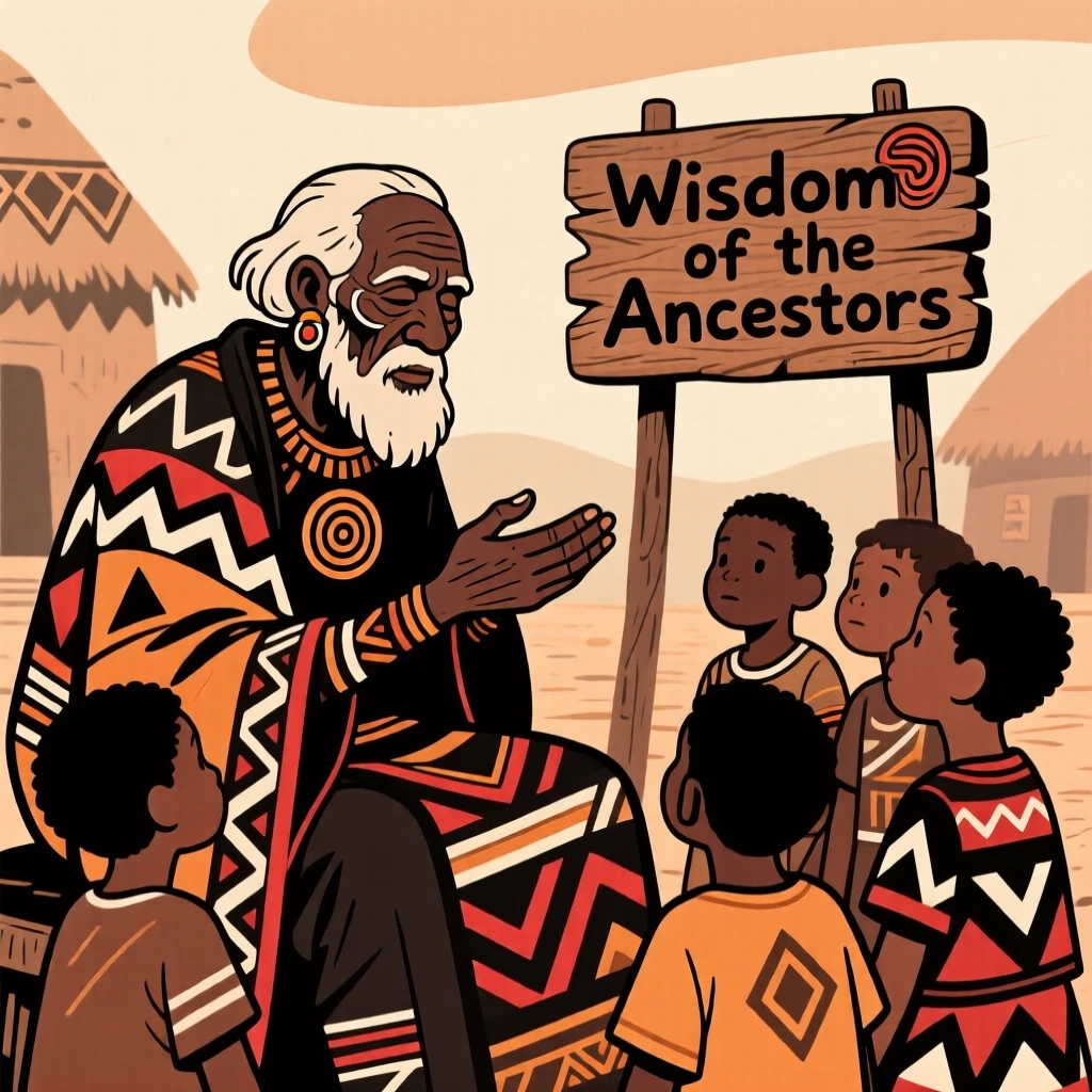A village elder sharing a story with children gathered around.