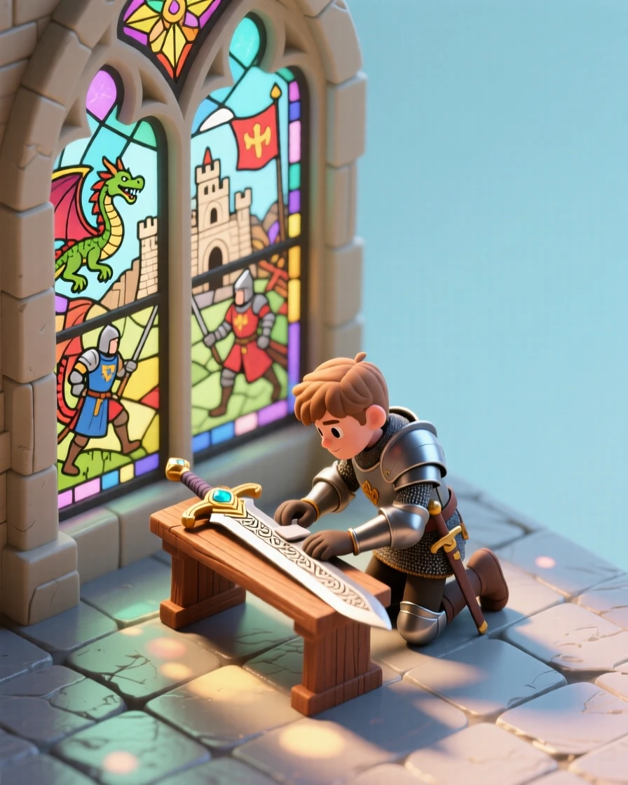 A brave squire polishing a legendary sword beneath a stained glass window depicting ancient battles.
