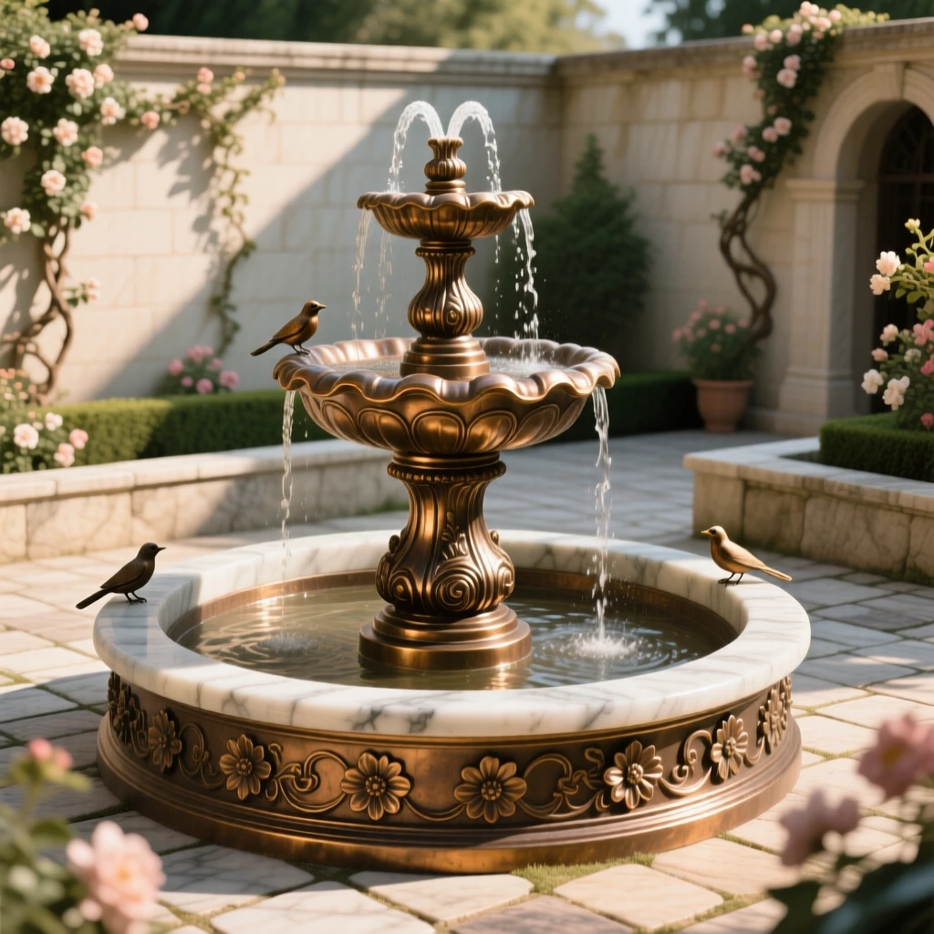 A serene courtyard with a central marble fountain, bathed in warm, golden light, exuding timeless grandeur