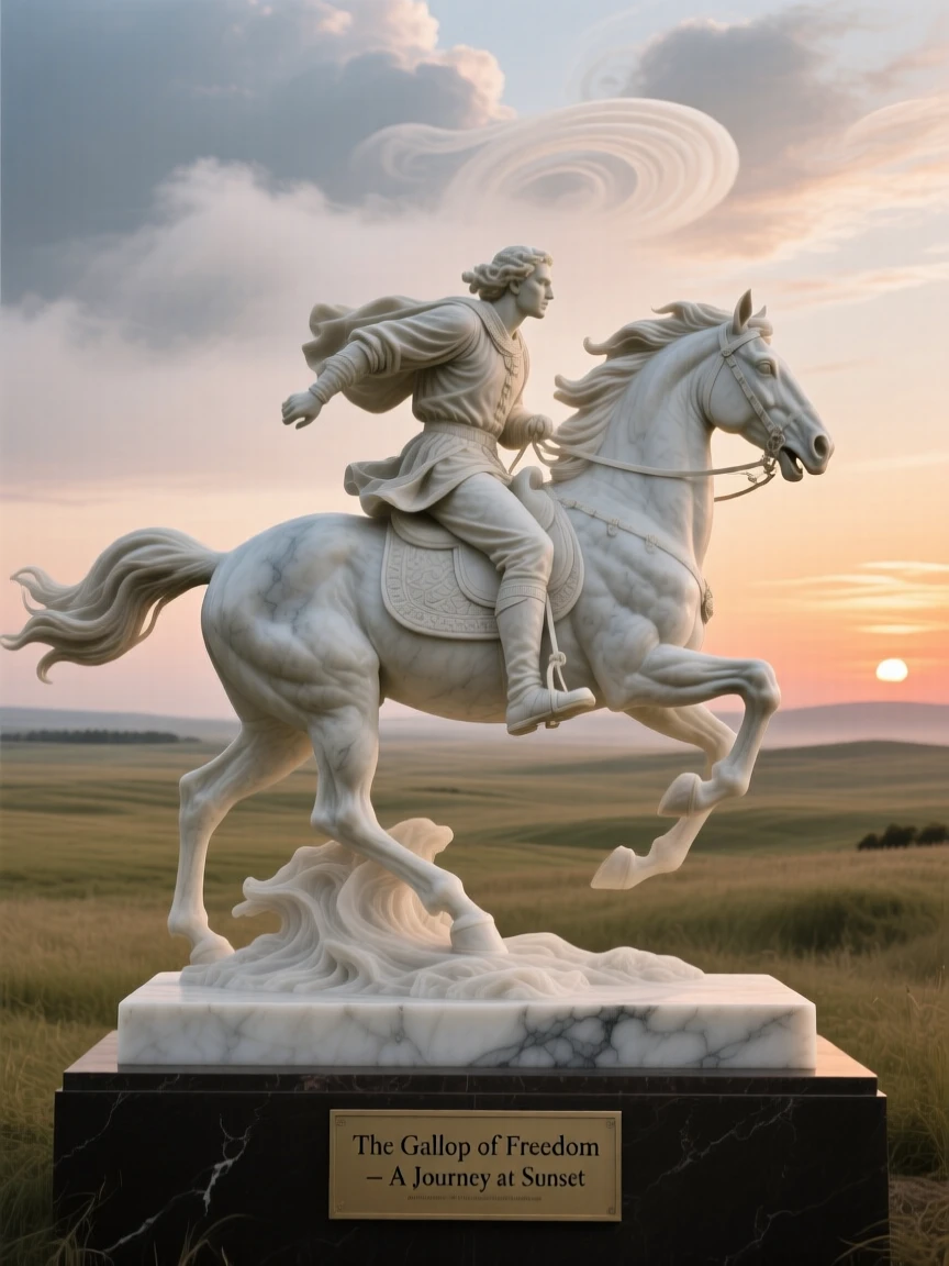 A vivid, emotionally rich scene of a rider galloping across an open plain at sunset, amid swirling clouds and mist, designed to captivate and inspire