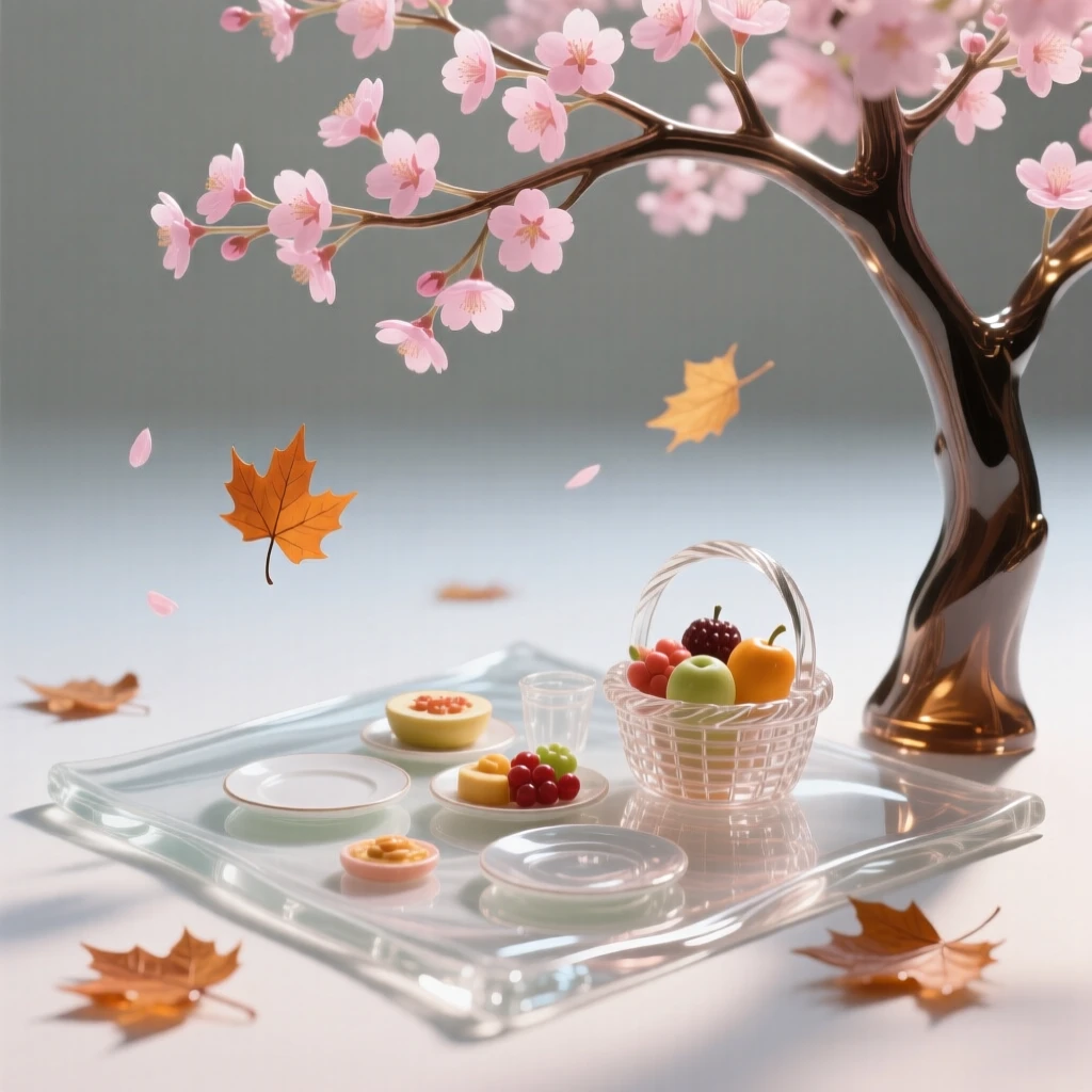 A picnic spread beneath a blooming cherry tree in spring, as autumn leaves drift slowly to the ground