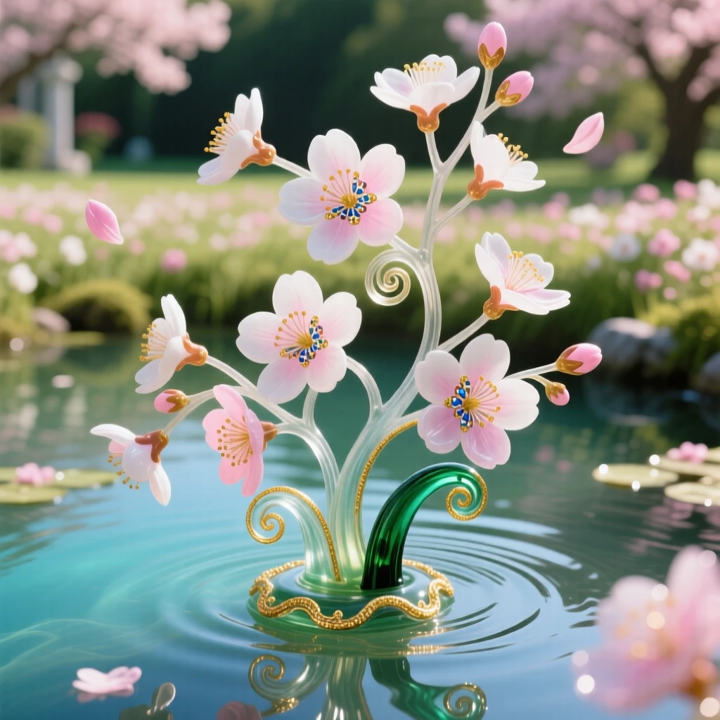 A field of blooming cherry blossoms drifting over a still garden pond, romantic and fleeting.
