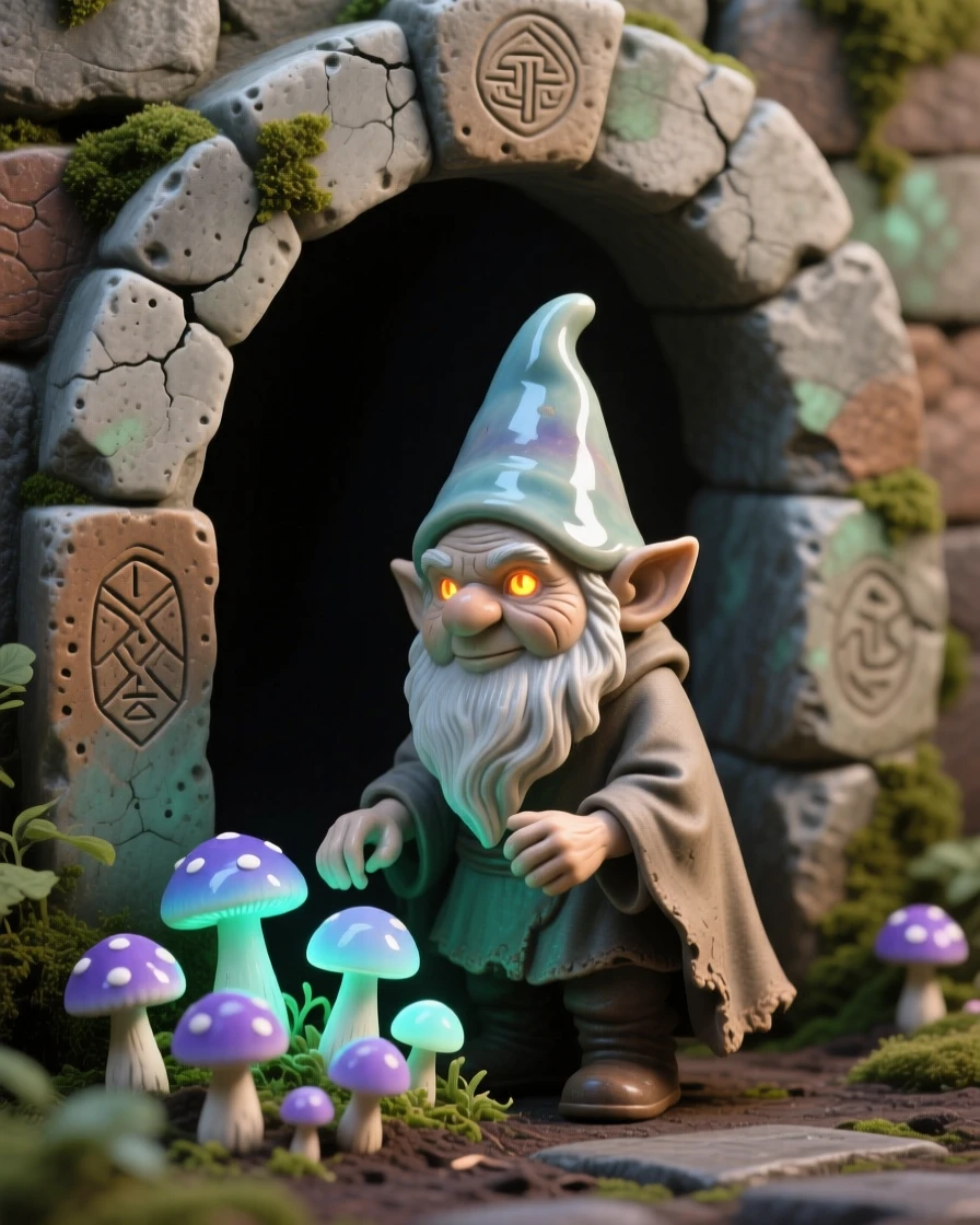 A tiny gnome tending a garden of glowing mushrooms standing guard beside an ancient stone archway, its eyes glowing with an inner fire, conveying protective strength and loyal guardianship.