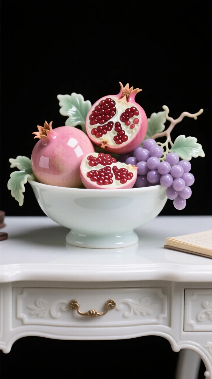 A refined still-life arrangement of a bowl of pomegranates and grapes on an antique writing desk, composed with classical balance and harmony.