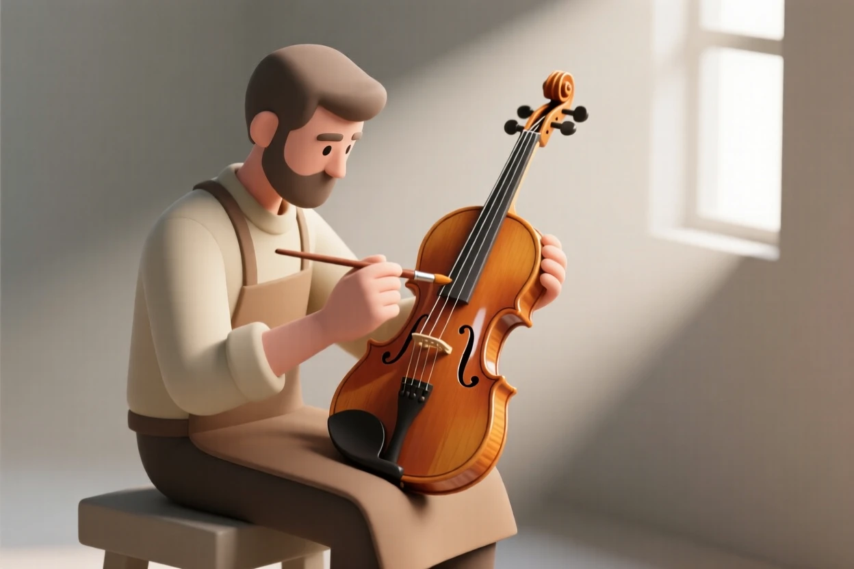 A focused violin maker carefully varnishes a finished instrument, sunlight glinting off the polished wood.