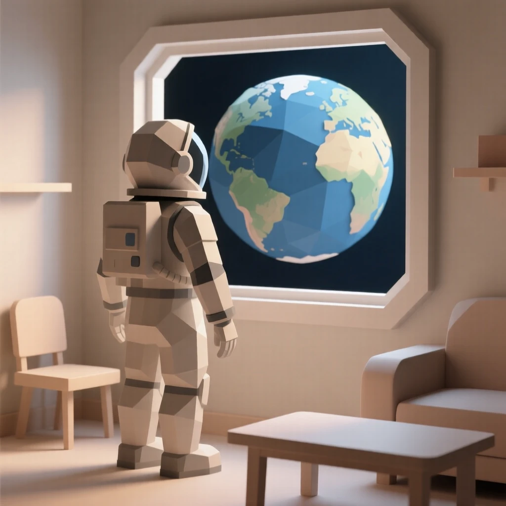 An astronaut gazing out at Earth from a window, in a softly lit cozy room. fine details in expression bring the moment to life. It captures a feeling of quiet triumph.