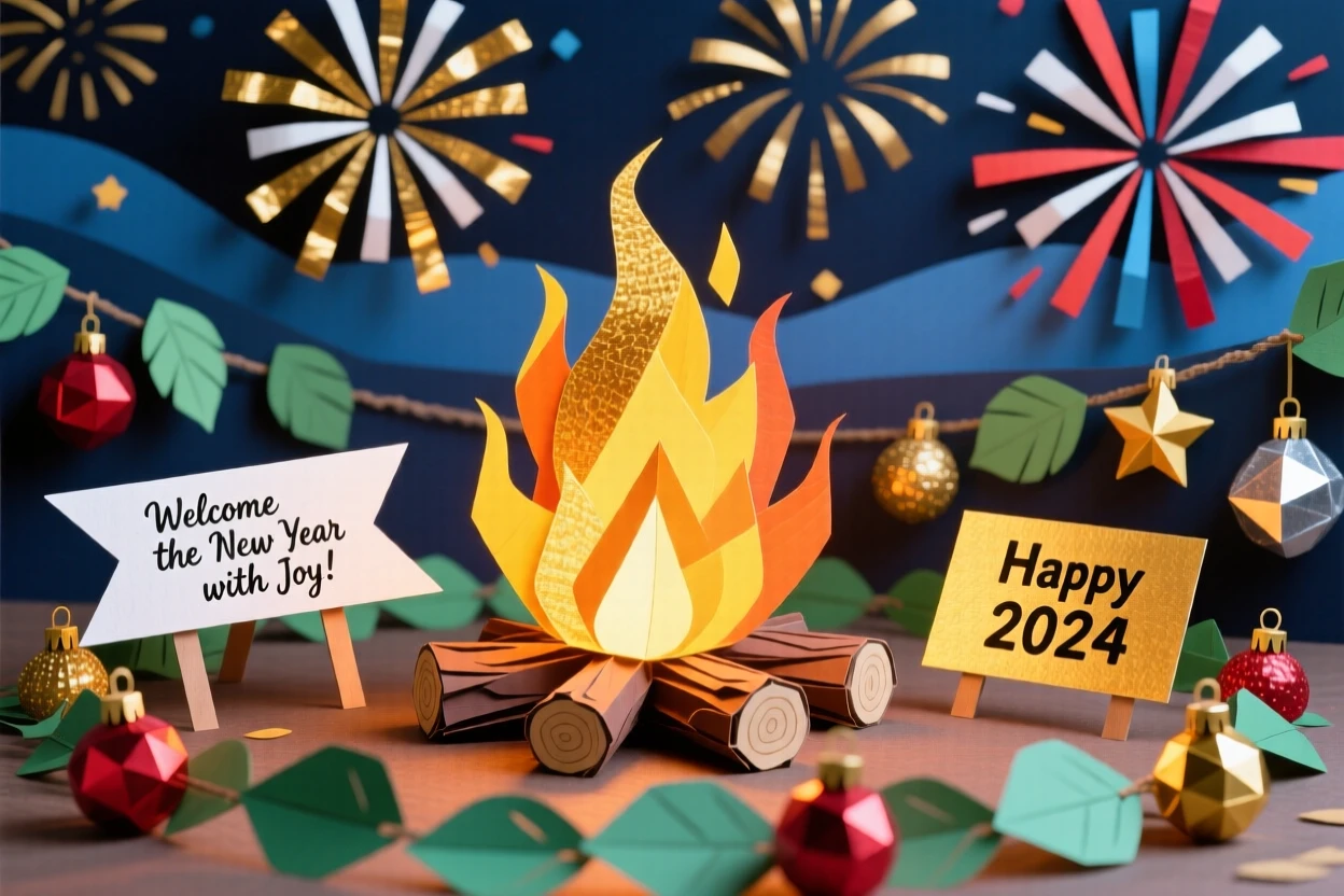 A dazzling New Year's Eve fireworks display filled with the golden light of a bonfire, with garlands and ornaments adorning every corner, capturing cherished holiday tradition.