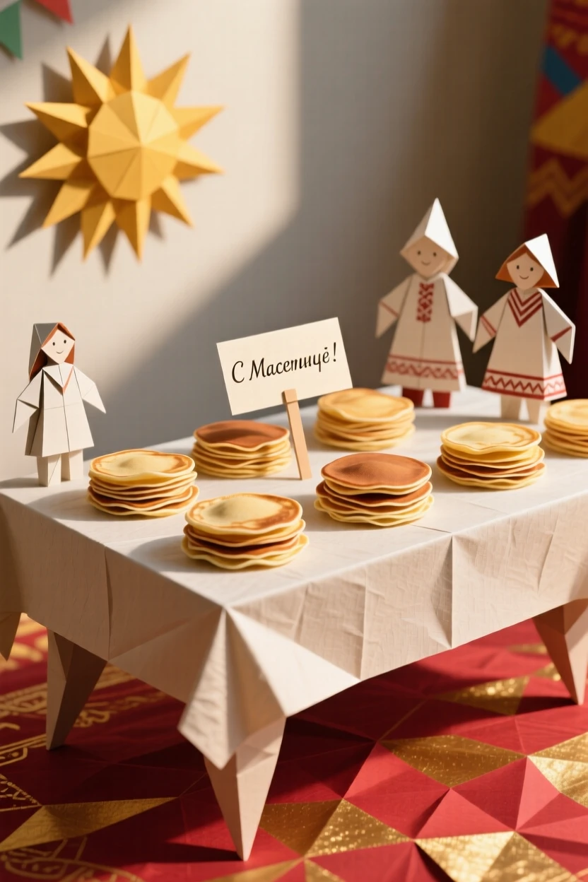 A Russian Maslenitsa celebration scene with pancakes stacked high on a festive table.