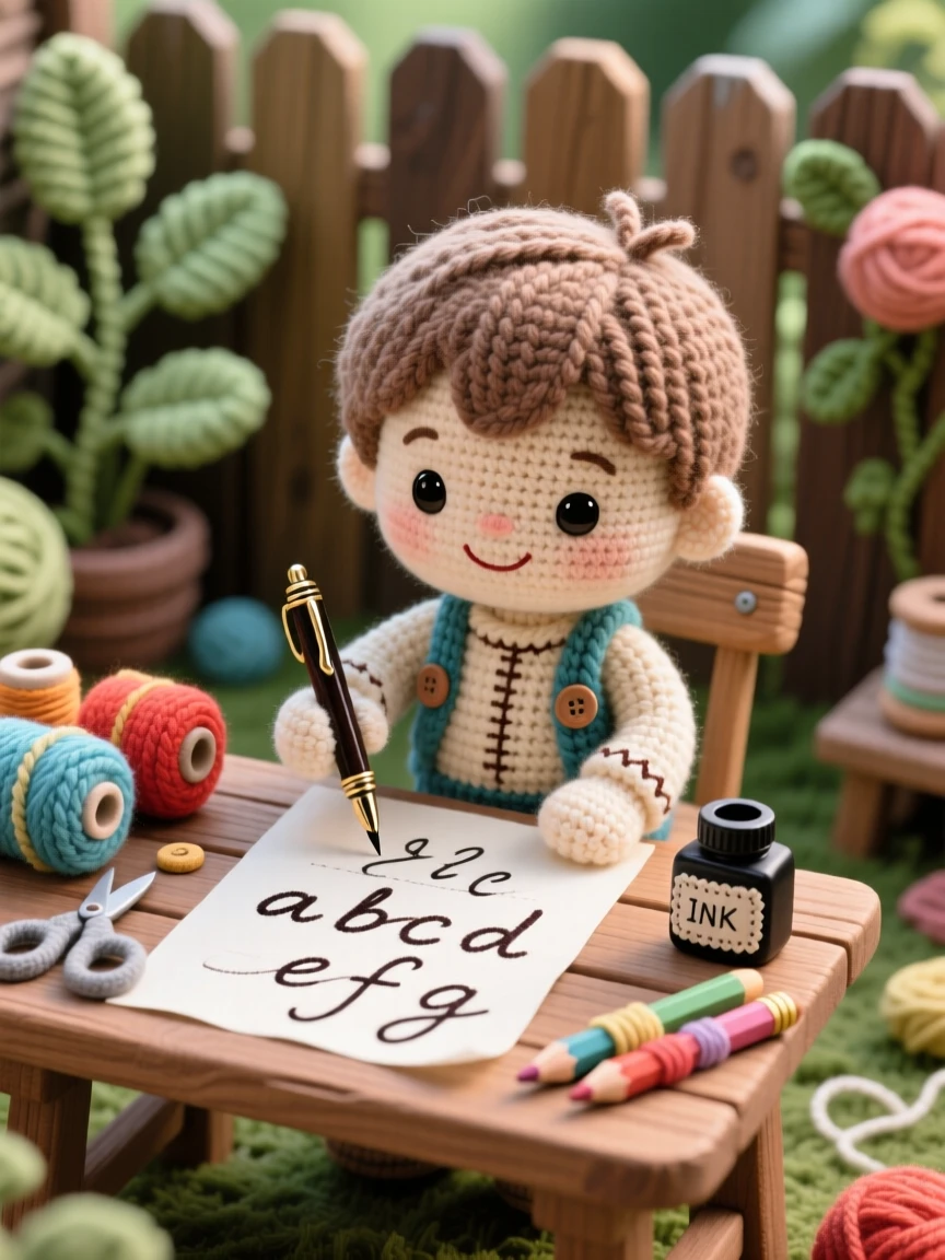 A cheerful scene of a small boy practicing calligraphy with a fountain pen with focused, steady strokes, writing a careful line of looping letters within a quiet backyard workshop; a scattering of craft supplies on the table nearby, full of joyful discovery and playful learning.