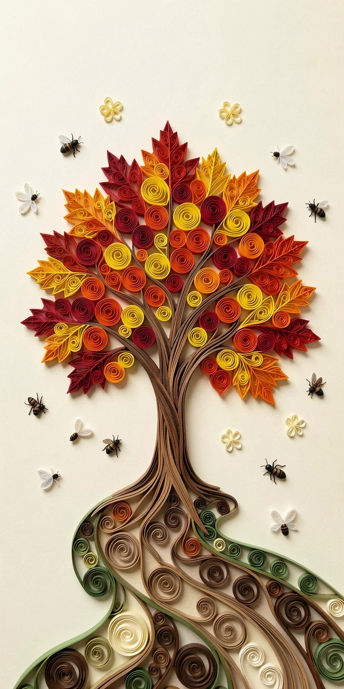 a maple tree in peak autumn color, along a winding forest path, centered with generous negative space around it, surrounded by drifting pollen and tiny insects.