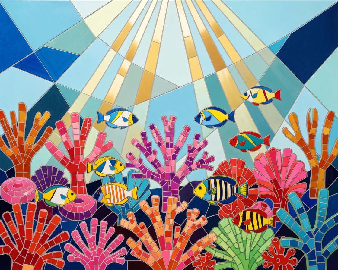 A vibrant coral reef teeming with colorful tropical fish, illuminated by soft rays of sunlight filtering through water.