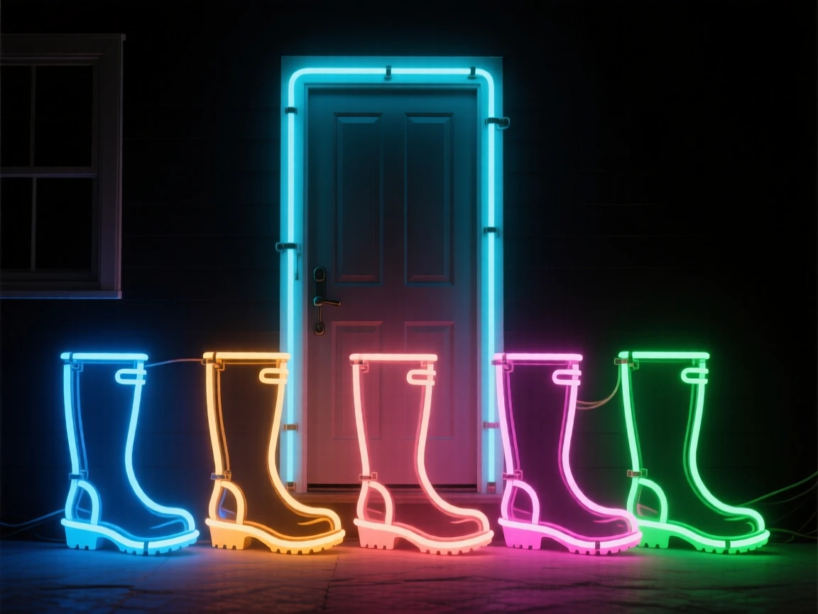 A row of rain boots lined up neatly outside a cottage door.